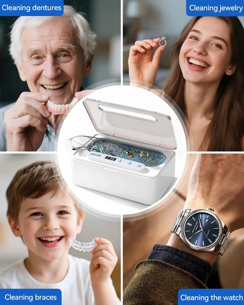 Ultrasonic Jewelry Cleaner Pro 47kHz Deep Cleaning Machine With Three Cleaning Modes For Retainers Mouth Guards Watches Rings Diamonds White Dope Cleaning Power shown with cleaning applications including dentures, jewelry, braces, and a watch.
