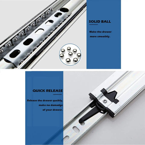 Close-up of Heavy Duty 22 Inch Drawer Slides With Full Extension, Ball Bearing Soft Close, Side Mount Steel Glide Runners.