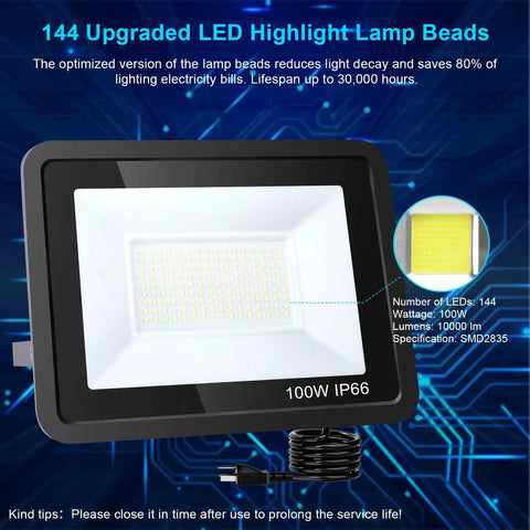 LED Flood Lights Outdoor 100W 10000LM Plug In IP66 Waterproof 6000K Beast Bright Security Floodlights display with features.