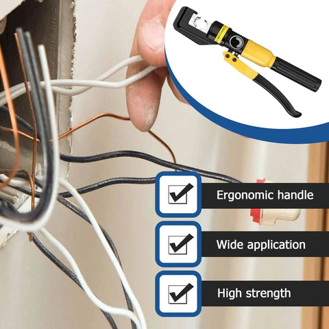 6 Ton Hydraulic Wire Cable Lug Terminal Crimper Crimping Tool With 9 Dies featuring ergonomic handle, used on electrical wiring