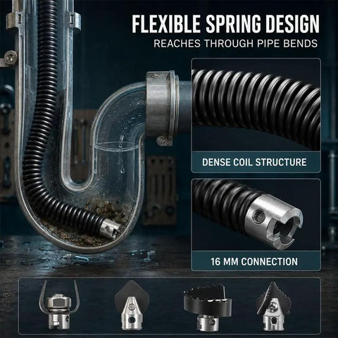 Flexible spring design in 10 Piece Drain Cleaning Head Kit for General Wire Mini Rooter with 16 mm connection.