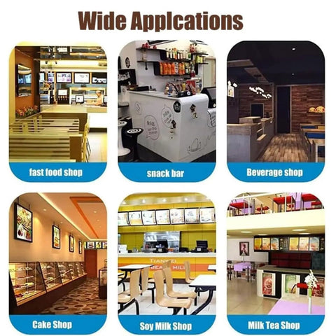 Wide applications image showcasing various food establishments like fast food shop, snack bar, beverage shop, cake shop, soy milk shop, and milk tea shop.
