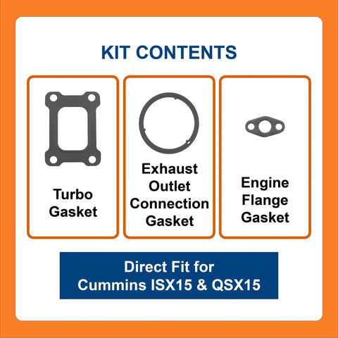 BTS-ISXTB622 Turbo Gasket Kit contents: turbo gasket, exhaust outlet gasket, engine flange gasket for Cummins ISX15/QSX15