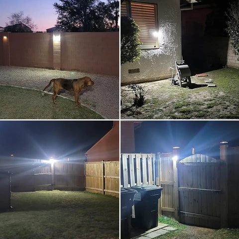 Solar Outdoor Security Lights With Motion Sensor IP65 Waterproof 100 LED Flood Lights illuminating backyard and patio