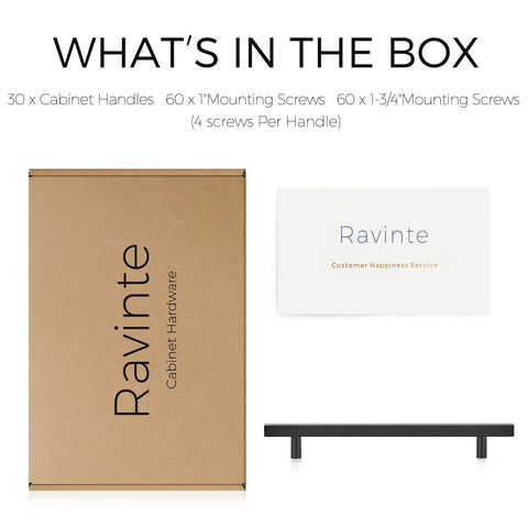 Package contents of 30 Pack 10 Inch Matte Black Cabinet Pulls Stainless Steel Kitchen Cupboard Handles Square Design box.