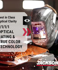 Welder using Pro Grade Graphic Auto Darkening Welding Helmet With Digital ADF, ANSI Z87.1 Certified, ergonomic design.