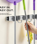 Heavy Duty Wall Mount Broom And Mop Organizer With Five Clamps And Four Hooks Stainless Steel Cleaning Tool Rack usage detail