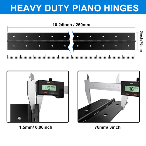 Two Pack Heavy Duty Piano Hinges, 10 Inch Length, 3 Inch Open Width, 0.060 Inch Thick Stainless Steel with measurement details