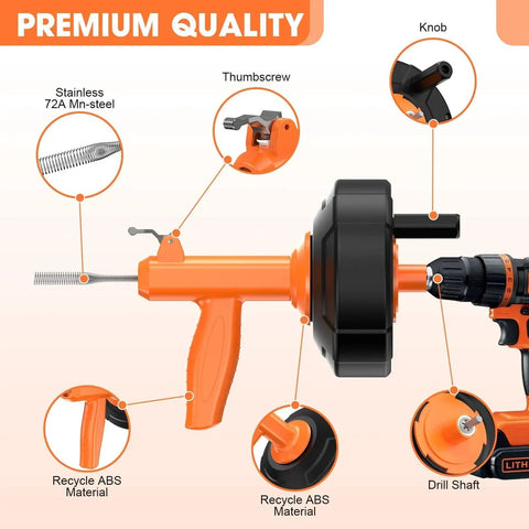 Heavy Duty Auto Feed Drain Snake With Drill Attachment, 25 Foot Flexible Steel, showing handle and knobs for easy operation.