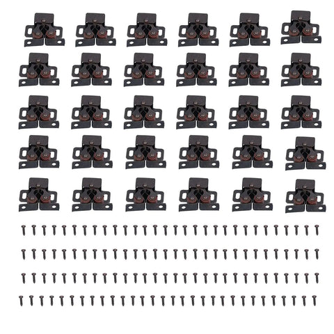 Stainless Steel Double Roller Cabinet Latches 30 Pack With Magnetic Damping For Soft Close Doors in grid layout with screws