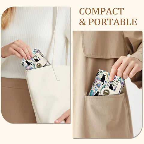 Compact Cute Black Cat Wallet For Women RFID Blocking Bifold With Zipper Coin Pocket fitting into purse and coat pocket