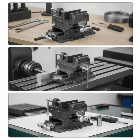 Almencla 6 Inch Bench Vise With Cross Slide For Milling Machines And Drill Presses on workbench, showing adjustable components.
