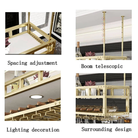 Ceiling Mounted Hanging Wine Glass And Bottle Rack For Bar And Garage, Heavy Duty Iron Shelf with adjustable design and lighting