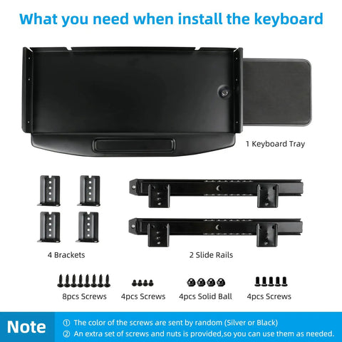 Heavy Duty Under Desk Keyboard Tray With Super Slick Glide Mechanism And 360 Rotating Mouse Platform Built Like A Tank For An Ergonomic Home Office Desk Setup At 28 Inches Long installation kit components including screws and brackets.