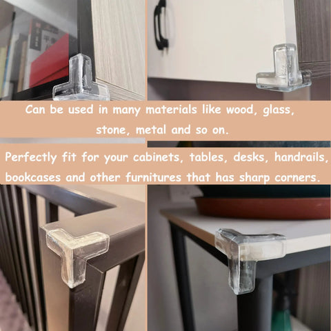 Four images of 12 Pack Large Silicone Table Corner Protectors For Baby Proofing on different furniture corners