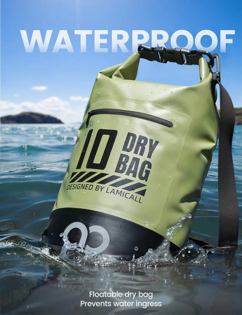 Waterproof Dry Bag With Phone Pouch And Floating Roll Top Backpack 10L Green floating on water