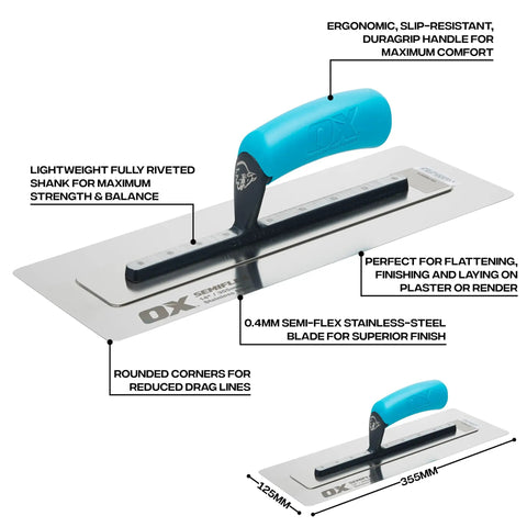 Pro Grade Semi Flex Stainless Steel Trowel 14 Inch Concrete Finishing Tool 355 X 125 Mm, ergonomic handle, labeled features