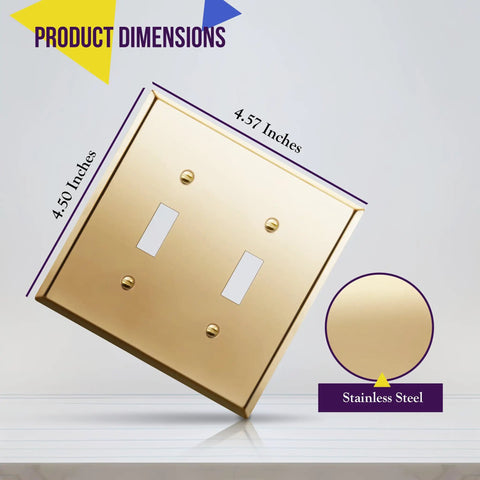 Gold Polished Brass Toggle Light Switch Wall Plate, Metal 2-Gang 4.50 Inch By 4.57 Inch, Corrosion Resistant Stainless Steel 201 Cover
