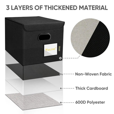 Collapsible File Organizer Box With Lid Featuring Slick Glide Rails For Letter Size Documents Made From Sturdy Polyester, showing thickened material layers.