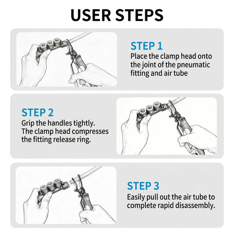 User steps for Disconnect Pliers Set For Air Lines, 2-Piece Pneumatic Hose Release Tools, demonstrating quick hose removal.