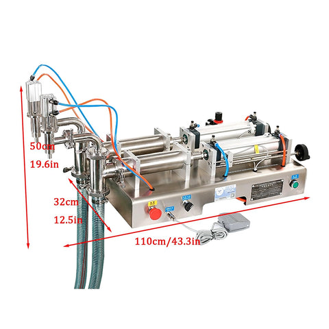 Hassle Free Pneumatic Double Head Bottle Filler Machine Semiauto Liquid Dispenser With Foot Pedal Switch And Quick Adjust Cylinder Valve For Syrup Sauce And Perfume Bottles 100 To 1000 Ml, stainless steel, dimensions marked.