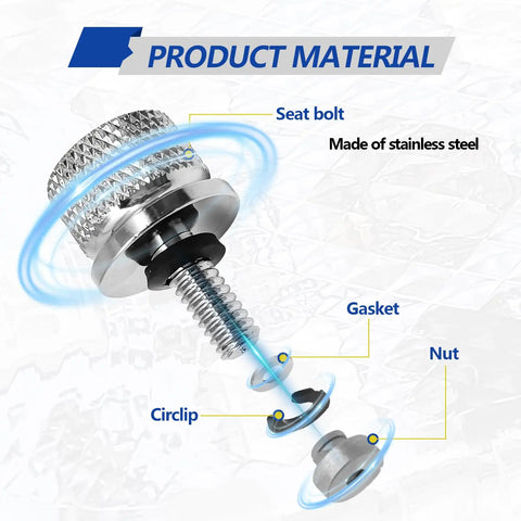 Stainless Motorcycle Seat Bolt Kit With 1/4-20 Threads, detailed view of bolt, nut, gasket, and circlip, showing materials