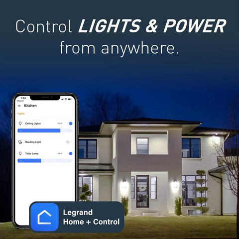 Radiant WNRH1NI In Wall Smart Gateway with Netatmo app on smartphone controlling home lighting at night.