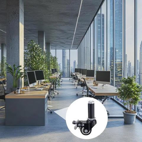 Heavy Duty 4 Pack Swivel Expanding Stem Casters With Firm Brake And Smooth Rolling PVC Wheels Paired With Tough Steel Braces For Quicker Furniture Swap On Tables And Bar Stools In Matte Black showcased in modern office setting.
