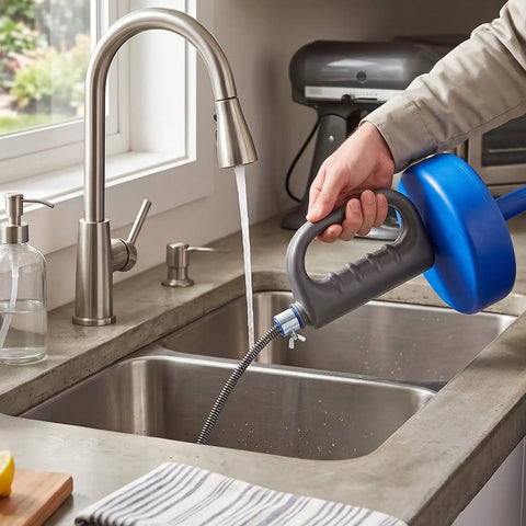 33 Foot Manual Drain Auger Snake Heavy Duty Spring Steel Pipe Cleaner in use to clear kitchen sink drain.