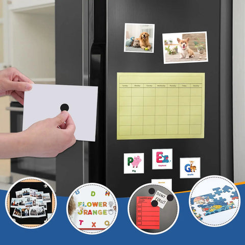 Hella Strong 360 Pack Flexible Magnetic Dots With Self Adhesive Backing Dope Peel And Stick Tape For Fridge Wall Crafts Home Organization Super Quick Apply on a fridge displaying photos and a calendar.
