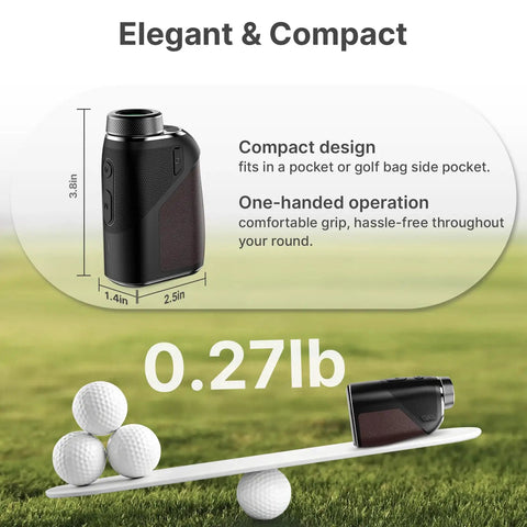 Golf Rangefinder With Slope Compensation And 1200 Yard Range, Compact Leather Exterior Device Packing 6X Magnification, side view on golf course with dimensions and weight