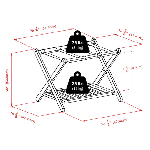Heavy Duty Foldable Luggage Rack Holds All Your Travel Bags With A Hella Sturdy Frame And A Fresh Cappuccino Finish dimensions with weight limits.