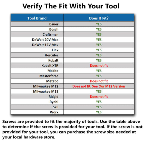 Compatibility chart for Universal Magnetic Bit Holder Two Pack For Drill Pros with various tool brands listed.