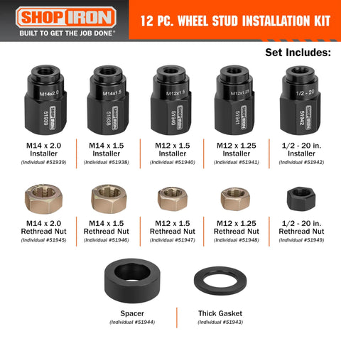 Wheel Stud Installation And Rethread Kit, 12-Piece No Fuss Pro Grade Set with installers, nuts, spacer, and gasket