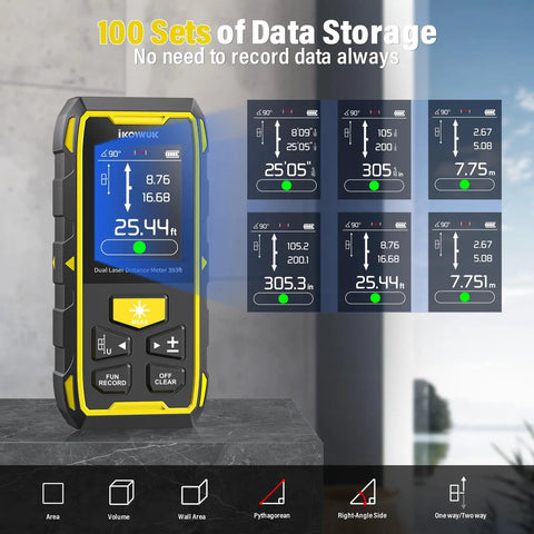 Dual Laser Measuring Tool With Green Bilateral Laser, 393ft Range, Rechargeable Digital Laser Measure, Backlit LCD Display, Angle Sensor, Six Unit Modes, Multiple Measurement Functions For Fast, Accurate Distances.