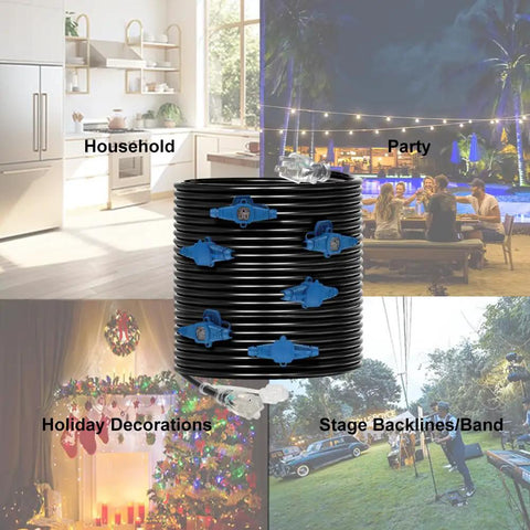 30 Ft Heavy Duty Extension Cord With 12 Gauge Wire, 7 NEMA 5-15R Outlets, displayed with blue indicator lights and various usage scenarios