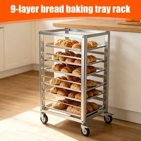 Heavy Duty 9 Tier Commercial Cooling Rack With Smooth Roll Locking Casters, Solid Aluminum Build, Space Saving Bakery Sheet Pan Holder, Sick Storage Cart For Any Bustling Kitchen Crew with baked bread.