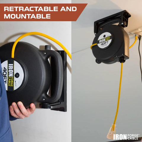 Heavy Duty Retractable Extension Cord Reel 40 Feet With 3 Outlets 12 Gauge SJTW 3 Prong Lighted Plug 15 Amp Circuit Breaker