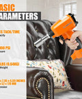 Dope Lightweight Pneumatic Decorative Nailer for upholstery and furniture, shown operating on a leather sofa.