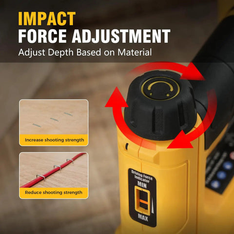 Impact force adjustment feature on Built Tough 18 Gauge Cordless Brad Nailer And Crown Stapler Kit for optimal performance.