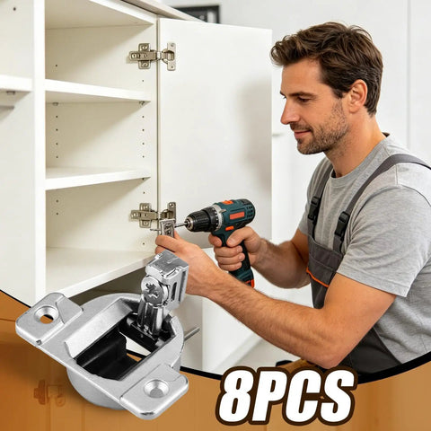 Man installing Soft Close Cabinet Door Hinges Replacement Kit For Kitchen Cabinets using drill, 8 pieces visible.