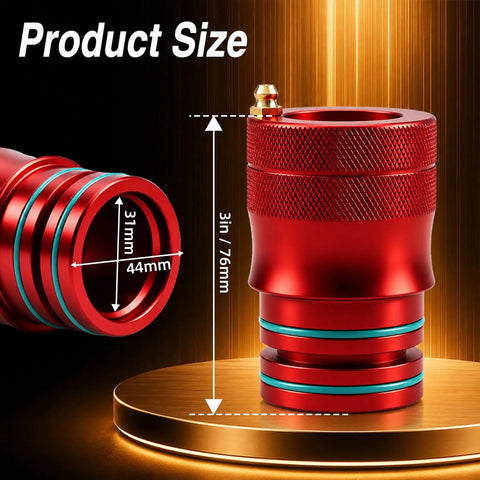 Pro Shop Grade 44 mm Wheel Bearing Greaser Tool For Atv Utv With Dust Cap, showing dimensions and red 6061 aluminum design.