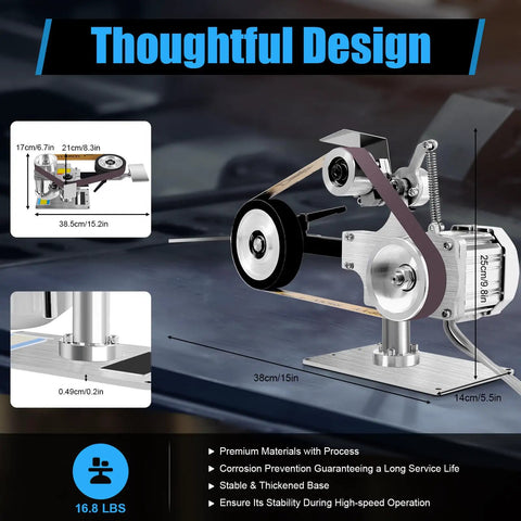 Pxolerig 500W Belt Grinder Sander With Adjustable Workbench, low noise design, close-up of belt and motor details.