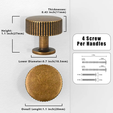 Five Pack Antique Brass Kitchen Cabinet Knobs and Drawer Pulls Zinc Cabinet Hardware for Dresser Drawers with dimensions shown