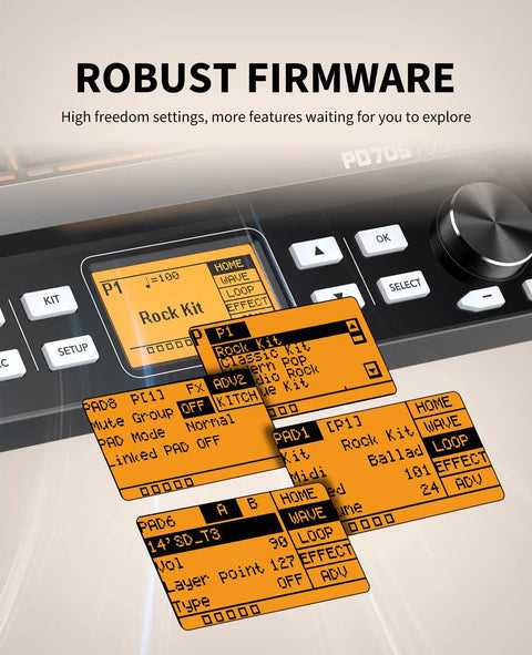 Close-up of firmware screen on Percussion Sample Pad For Electric Drum Kit With 9 Velocity-Sensitive Pads showing settings and kits.