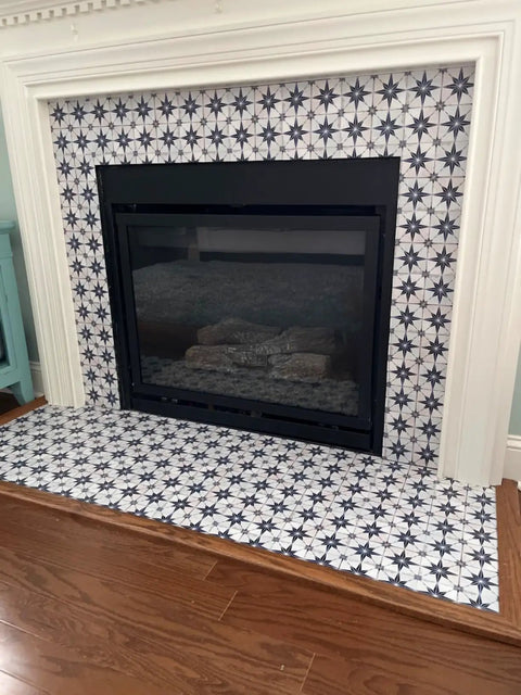 Fireplace with Talavera Tile Stickers 24 Pack Peel And Stick Wall Decals For Bathroom And Kitchen Easy Application Boho Chic Backsplash 4x4 Inch Star Tile Design Perfect For Tiles And Accent Walls applied.