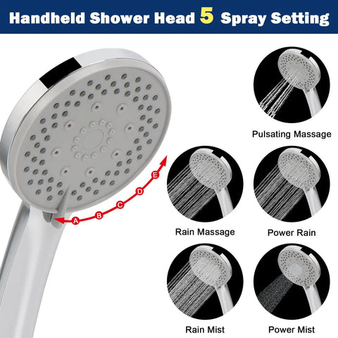 High-Pressure 8 Inch Rain Shower Head with Hose And 5-Setting Handheld Sprayer, stainless steel chrome, spray options diagram