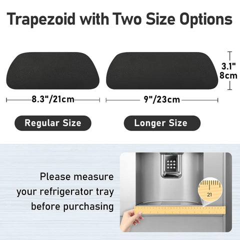 Trapezoid drip tray mats, regular size 8.3x3.1 in, longer size 9x3.1 in, shown with measuring tape for refrigerators.
