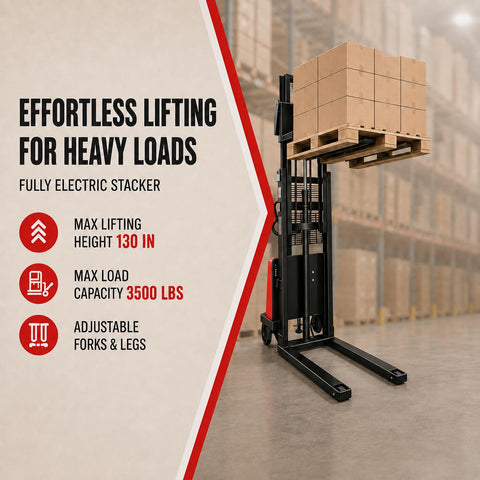 3500 Lbs Semi Electric Pallet Stacker Heavy Duty Workhorse 48V Battery Material Lift with boxes at max height 130 in.