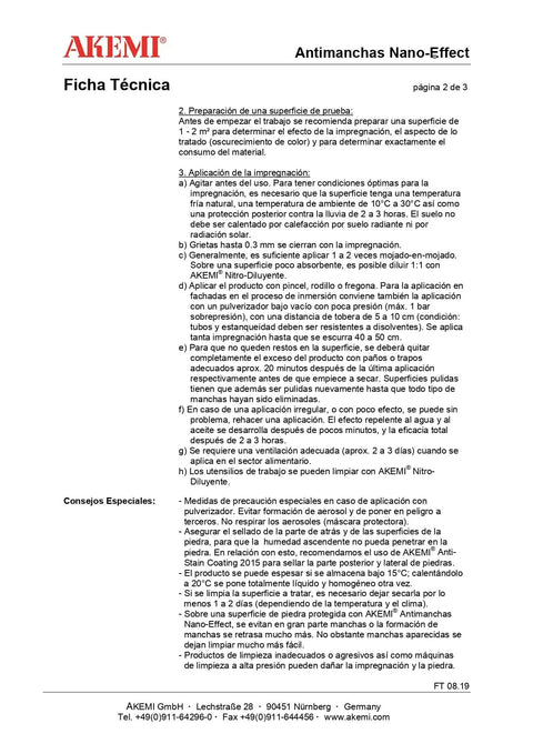 Technical data sheet for Stain Repellent Nano Shield 1 Liter with Nano Pearl Effect Tech for countertops and surfaces.